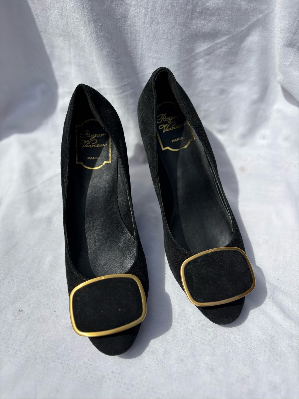 Roger Vivier Black Suede Pumps with Gold Square Buckle